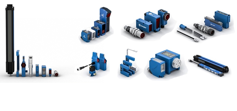 Laser for distance measurement, reflex and retro-reflex sensors, through-beam sensors, fork sensors, fiber-optic sensors, light curtains, retro-reflex sensors with light band, roller conveyor sensors, contrast sensors, color sensors, luminescence sensors, gloss sensors, and temperature sensors.