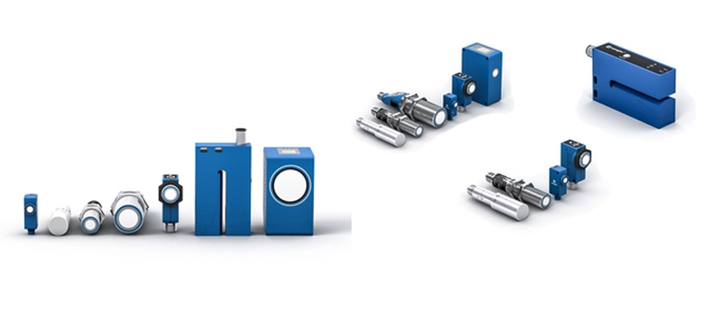 Ultrasonic distance sensors, ultrasonic through-beam sensors, and ultrasonic for sensors for label detection.